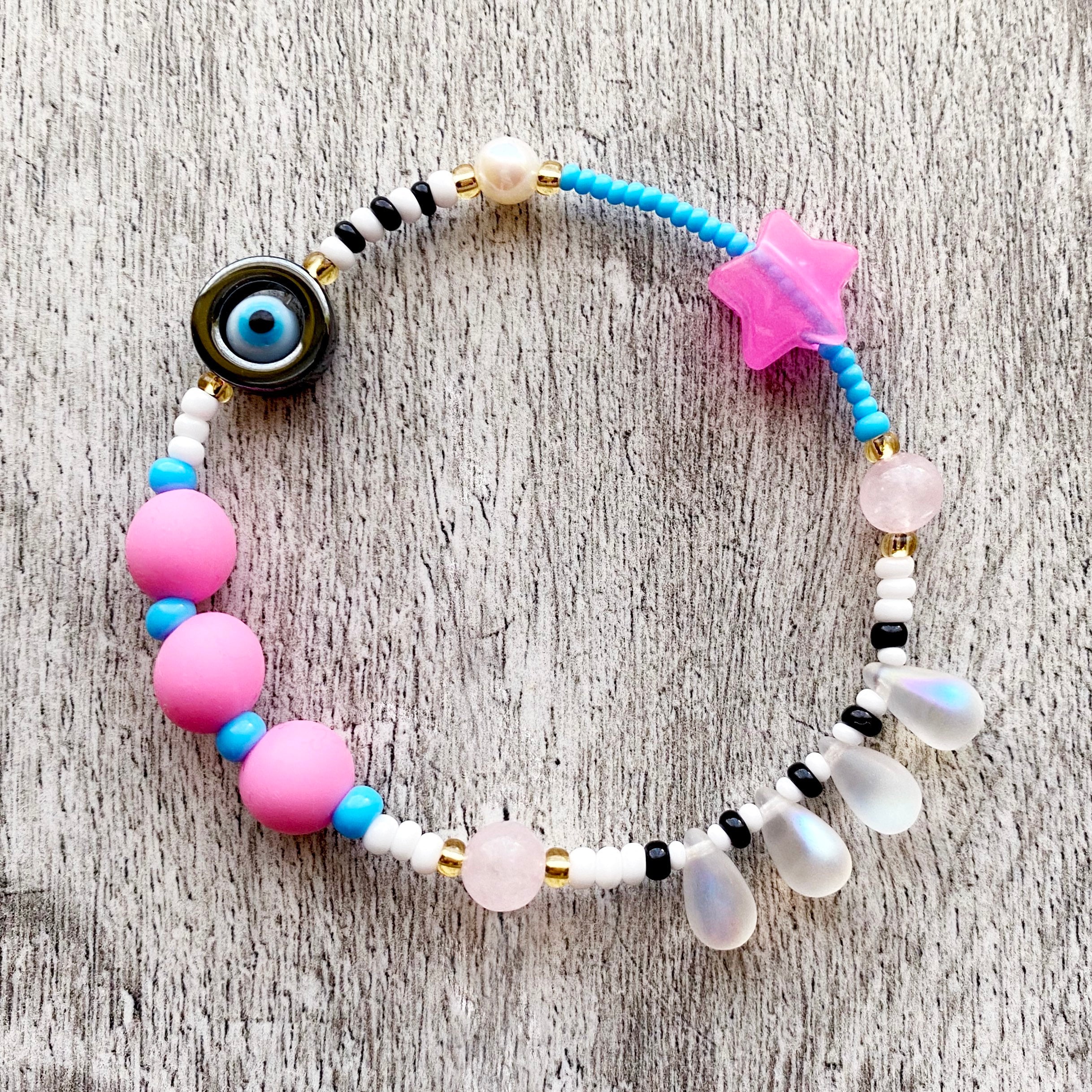 Clay Bead Bracelet - EVIL EYE STONE With Blue, White & Silver Accents HAND  MADE