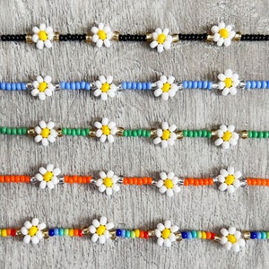 Daisy Chain Bracelets. Dainty glass seed beads. Rainbow colours. Multiple sizes. Elasticated.