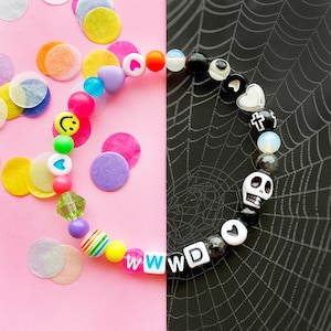 Wednesday Addams inspired bracelet. WWWD. Pastel goth. Black and white. Skulls, hearts, Kawaii