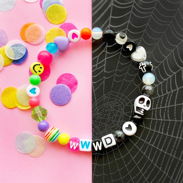 Wednesday Addams inspired bracelet. WWWD. Pastel goth. Black and white. Skulls, hearts, Kawaii