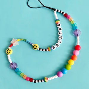 Beaded Phone charm chain strap. Rainbow colours. Sensory/fidget features.
