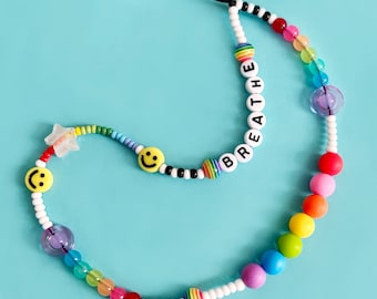 Beaded Phone charm chain strap. Rainbow colours. Sensory/fidget features.