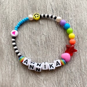 Beaded name/word  bracelet. Mixed Glass/acrylic beads. Smiley, Heart, Star, Rainbow. Kawaii