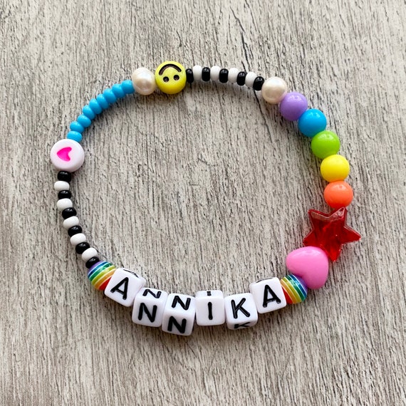 Mixed Bead Bracelet With Dummy Charms. 90s Style. Can Be Personalised With  Any Name or Word. Multi Coloured Rainbow Beads, Smileys, Heart. 
