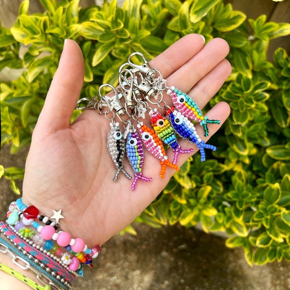Beaded Fish Keychains Charms. Handmade. Rainbow Colours. Gold or