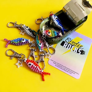 Beaded fish keychains charms. Handmade. Rainbow colours. Gold or silver hardware.