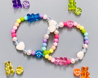 Gummy bear candy bracelets with cute acrylic hearts and candy coloured beads, freshwater pearls and opalite. Kawaii jewellery.