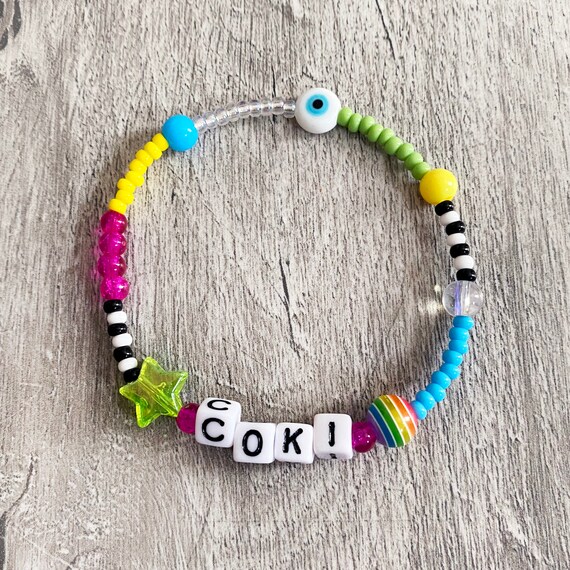 Handmade Personalised Name word Bracelet. Glass acrylic Beads With