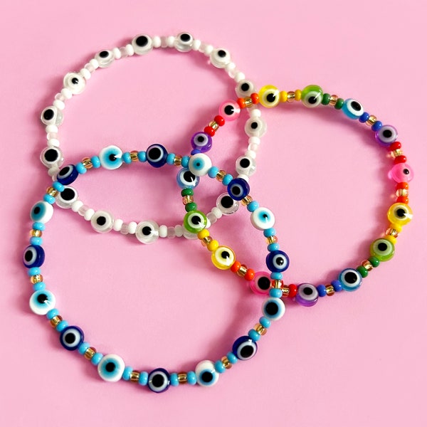 Rainbow Evil Eye Bracelet. Seed beads. Elasticated.