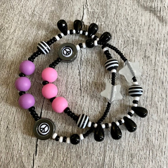 Sensory Fidget Bracelet. Sliding Glow in The Dark Star, Hematite Peace Sign Spinner, Rubber, Glass and Acrylic Beads. Adult or Child Size.