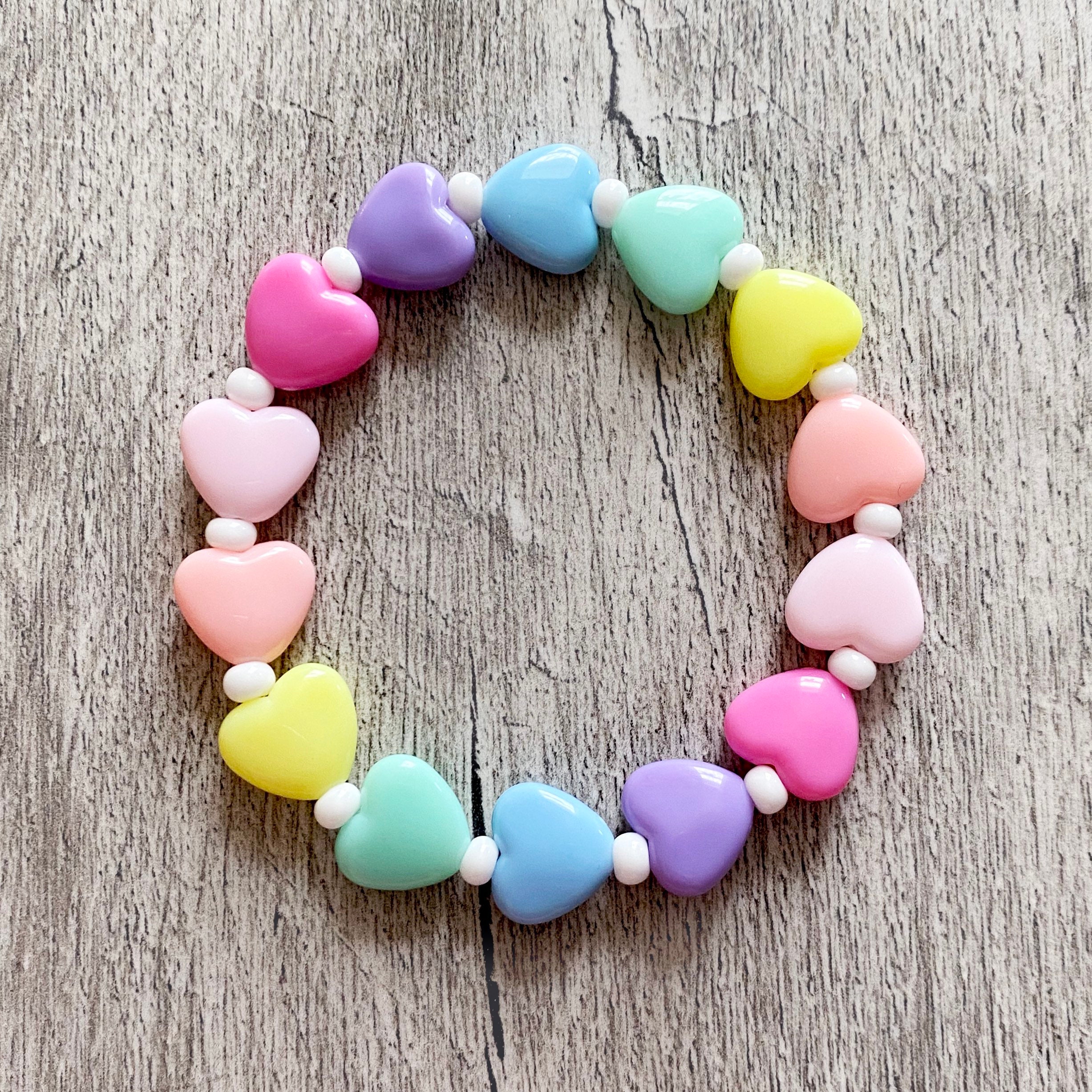 Pastel Candy Rainbow Heart Beaded Bracelet. 