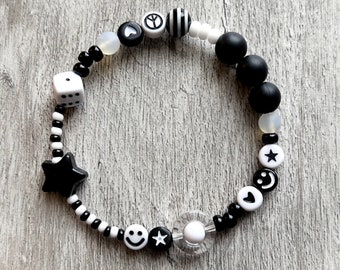 Fidget/sensory bracelet for anxiety relief/ADHD Autism. Black and White monochrome with hearts, stars, smileys, dice mixed beads.