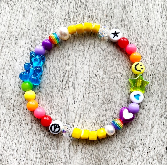 Mixed Bead Bracelet With Dummy Charms. 90s Style. Can Be Personalised With  Any Name or Word. Multi Coloured Rainbow Beads, Smileys, Heart. 
