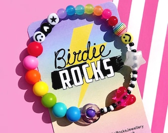 Pulsera sensorial antiestrés para aliviar la ansiedad, el TDAH y el autismo. Colores del arcoíris: corazones, estrellas y emoticonos.