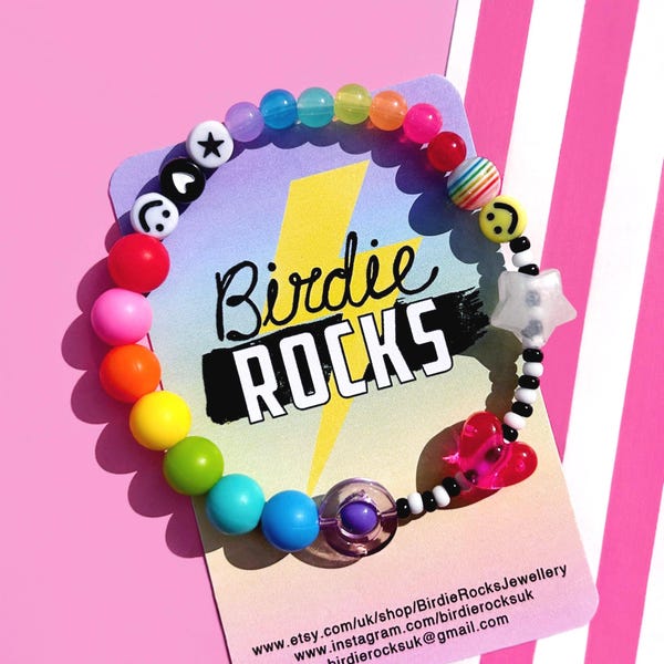 Fidget sensory bracelet for anxiety relief/ADHD Autism. Rainbow colours with hearts, stars, smileys.