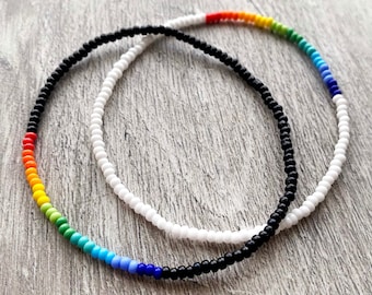 Rainbow beaded bracelet. Glass beads. Black or White.