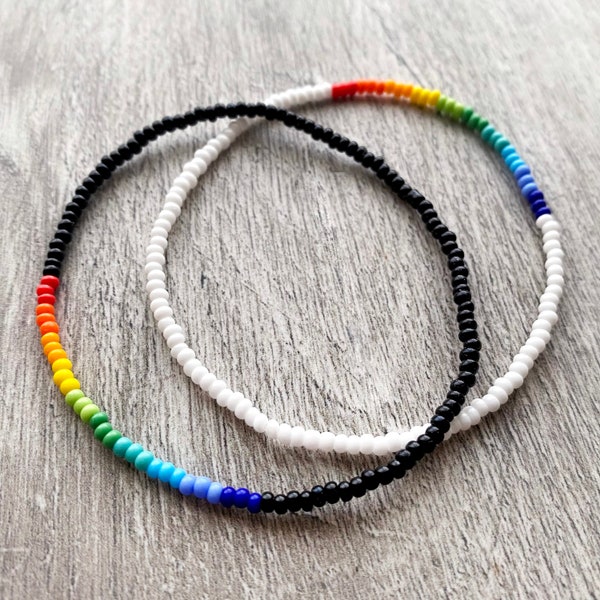 Rainbow beaded bracelet. Glass beads. Black or White.