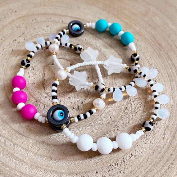 Sensory Fidget Bracelet. Sliding Glow in the Dark Star, Hematite Evil Eye  Spinner, Rubber, Glass and Agate Beads. Adult or Child Size. 