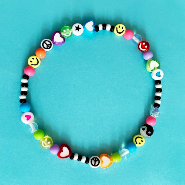 Mixed bead anklet. Smiley, yin Yang, heart and rainbow beads. Super cute and colourful ankle bracelet.