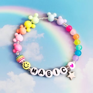 Disney Mickey Mouse inspired bracelet. Pastel rainbow, hearts, silver beads.