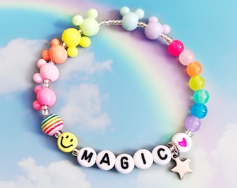 Disney Mickey Mouse inspired bracelet. Pastel rainbow, hearts, silver beads.