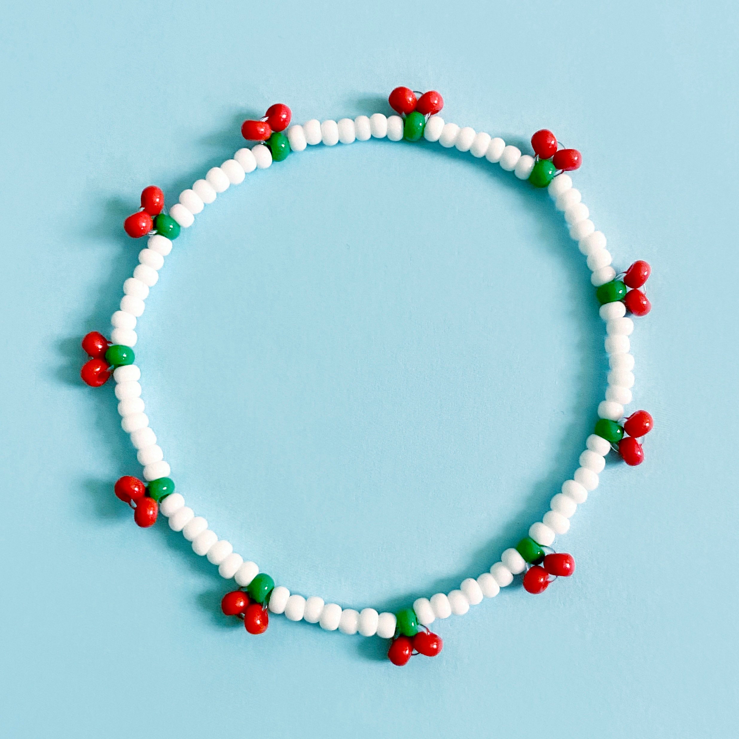Handmade Beaded Cherry Bracelet. White With Juicy Red Cherries
