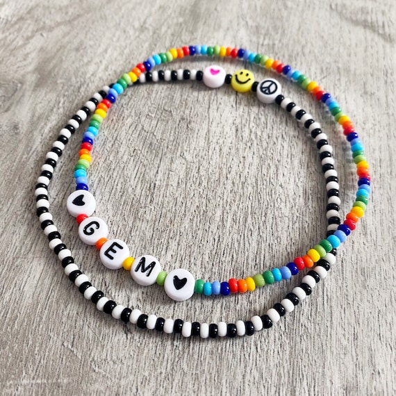 BirdieRocksJewellery Beaded Anklets. Rainbow. Black and White. Elasticated. Personalise with Any Name or Word Smiley Heart and Peace Sign