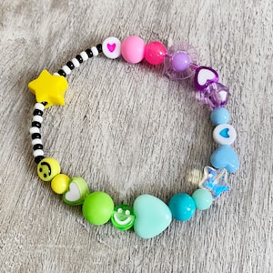 Beaded fidget sensory bracelet for anxiety relief/ADHD Autism. Pastel Rainbow colours with hearts, stars, smileys.