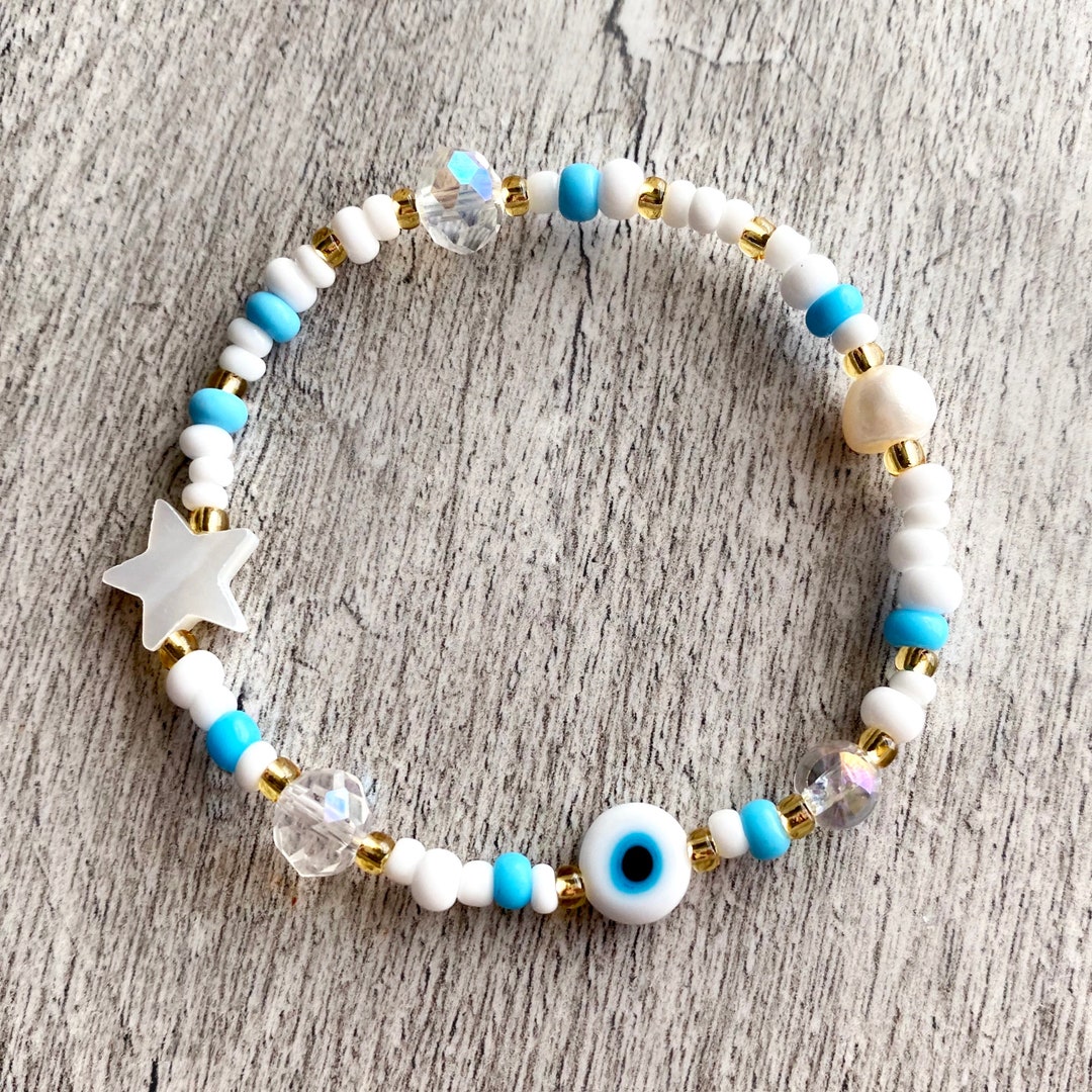Clay Bead Bracelet - EVIL EYE STONE With Blue, White & Silver Accents HAND  MADE
