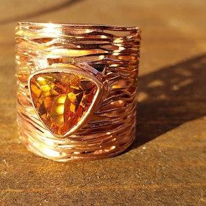 Rose Gold Natural Trillion Citrine Wire Ring, 18k Rose Gold Plated Sterling Silver Statement Ring, Size 7.5