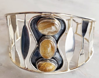 Golden Rutilated Quartz Cuff: Retro Sterling Silver Wide Wire Bracelet