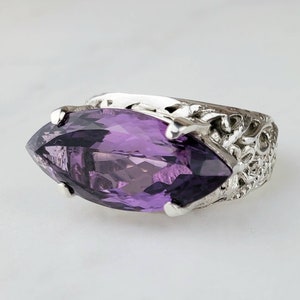 Elegantly Carved Flower Marquise Amethyst Ring, Large Dark Purple Uniquely Shaped Statement Ring, Size 7.25
