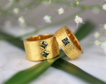 Rare Kornerupine 22k Yellow Gold Modern Bands, Gold Vermeil Tree Bark Natural Green Kornerupine Matching Rings, Green Princess Cut Rings