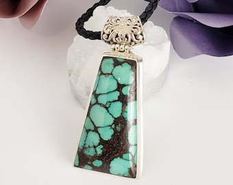 Large Boho Natural Turquoise Pendant in Sterling Silver and Leather or 2.8mm Borobudur Chain, Geometric Turquoise Pendant