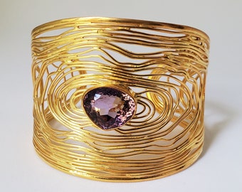 Modern Hand Pulled Gold Plated Silver Pear Ametrine Cuff, 22k Yellow Gold Plated Sterling Silver and Natural Ametrine Pear 15ct Stone