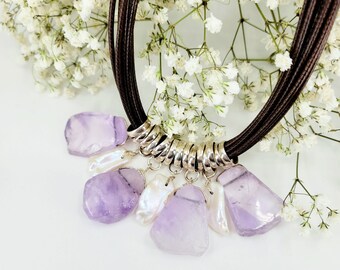 Adjustable Large Boho Raw Amethyst & Keishi Pearl Necklace on Multi-strand Leather Necklace and Sterling Silver, Statement Necklace