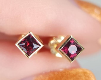 Natural Blood Red Ruby Princess Cut Earring, 14k Gold Top Quality and Color Ruby Earrings, Bezel Set Deep Red Ruby Studs