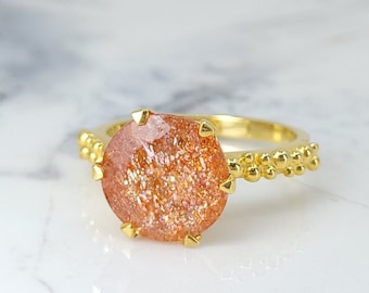 Large Sunstone Ring in Gold Vermeil, Over 4 ct. Round Glittery Sunstone in Gold Bead Cluster Ring Design