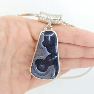 Black African Agate Choker Necklace, Large Banded/Lace Black and Gray Agate Pendant, Statement Piece, Sterling Silver and Natural Agate