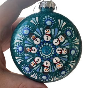 3” Hand Painted Mandala Glitter Christmas Ornament-Festive Snowman Design- Holiday Home Decor