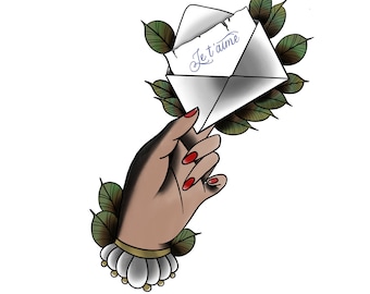 Tattoo flash hand holding love letter a4