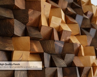 May include: A wall art piece made of wooden blocks in various shades of brown. The blocks are arranged in a geometric pattern, creating a textured and modern look. Each block is hand-sanded for a smooth finish. "High Quality Finish" is written in white text on a grey background at the bottom of the image.