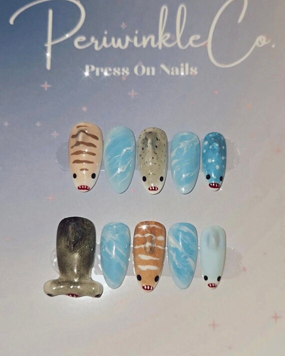SHARK PRESS ON Nails, cute Nails , Hammer Shark Nails, Handpainted Nails, medium Almond Nails, Cute Press Ons, hand Sculpted Nails