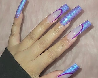 Ursula a inspiré Press on Nails | Français Tip Purple Nails | Ongles Kawaii | Ongles inspirés de Disney | Ongles réutilisables