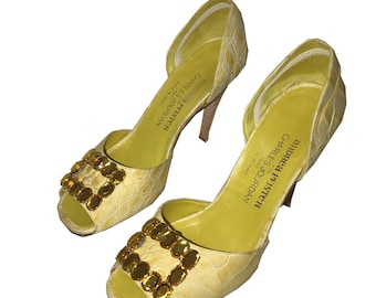 Charles Jourdan Yellow Croc- Embossed D'Orsay Pumps