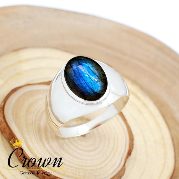Oval Labradorite Sterling Silver Men's Ring, Simple Wedding Band