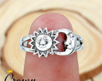 Handmade Sterling Silver Sun and Moon Face Ring: Lucky Charm