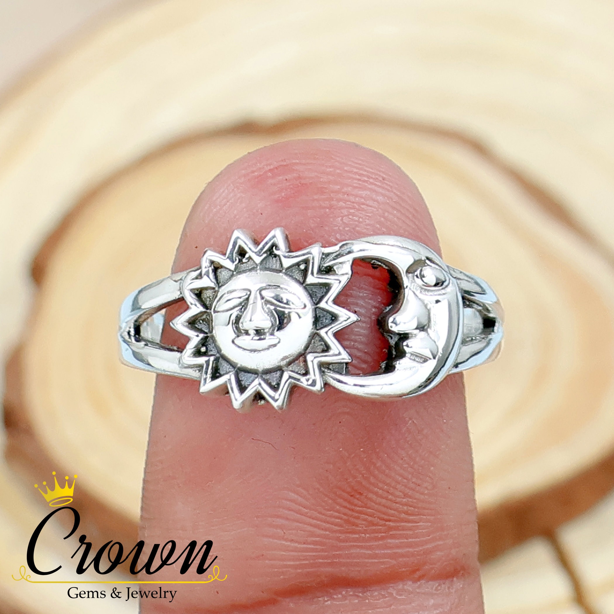 Handmade Sterling Silver Sun and Moon Face Ring: Lucky Charm  display picture 1