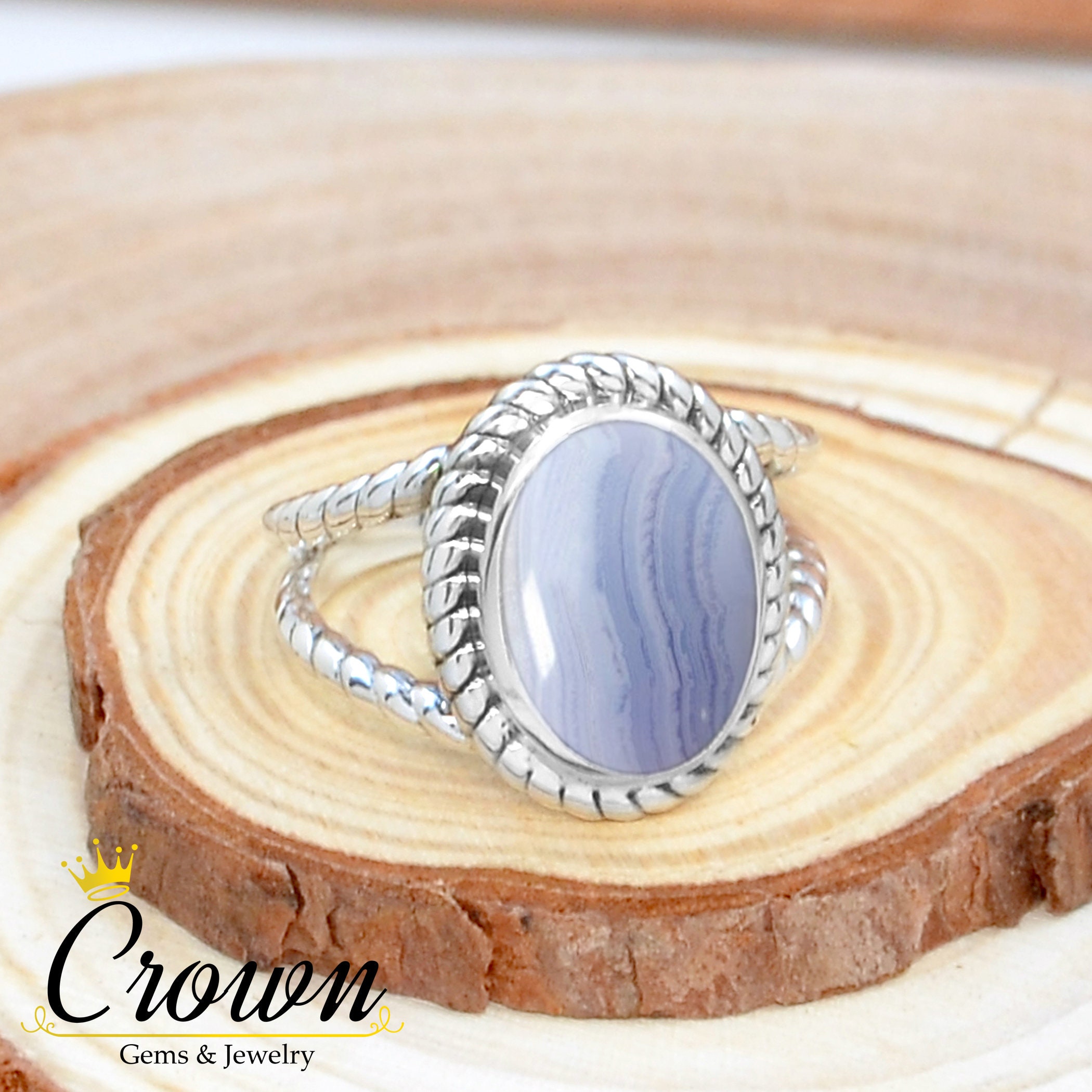 ブルーレースアゲートリング：ツイスト925スターリングシルバー