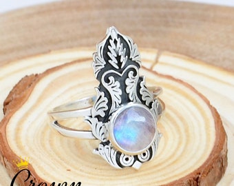 Bague en pierre de lune arc-en-ciel, bague de mariage, bague faite à la main, bague en argent sterling 925, bijoux Boho et Hippie, bague sculptée de fleurs, bague longue